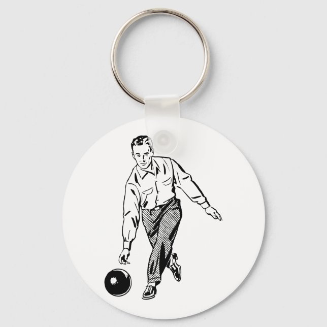 Retro Vintage Black & White Ten Pin Bowling Man Nyckelring (Framsida)