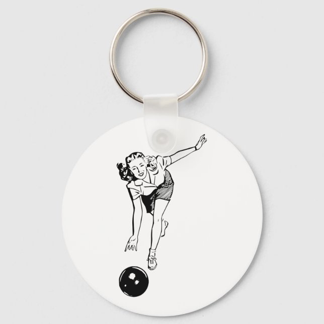 Retro Vintage Black & White Ten Pin Bowling Woman Nyckelring (Framsida)