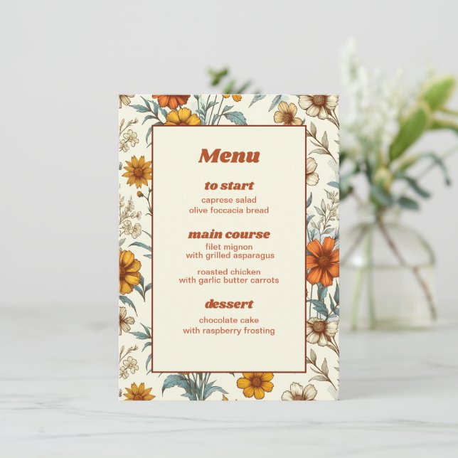 Retro Vintage Blommigt 70s Timless Bröllop Menu Meny (Stående Fram)