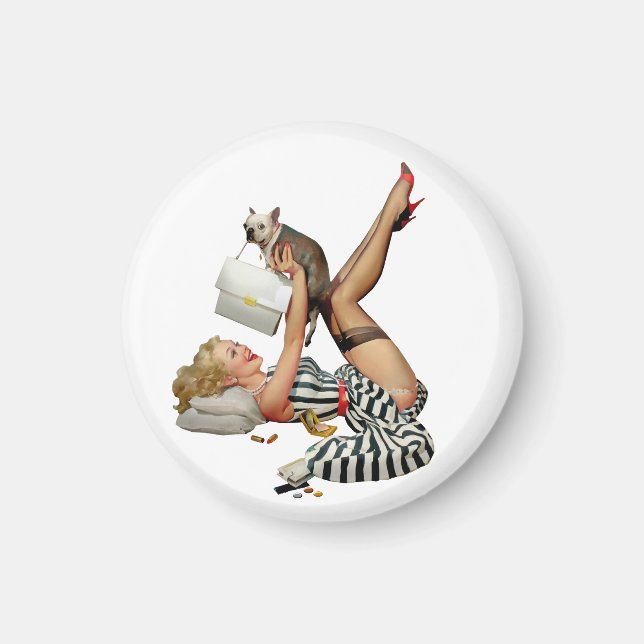 Retro Vintage Blonde Pinup Girl with Hund Magnet (Framsidan)