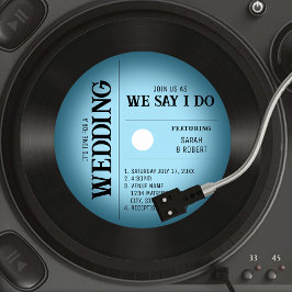Retro Vintage Blue Vignette Vinyl Record Bröllop Inbjudningar