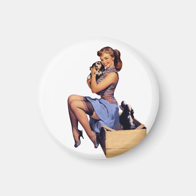 Retro Vintage Brunette Pinup Girl with Puppies Magnet (Framsidan)