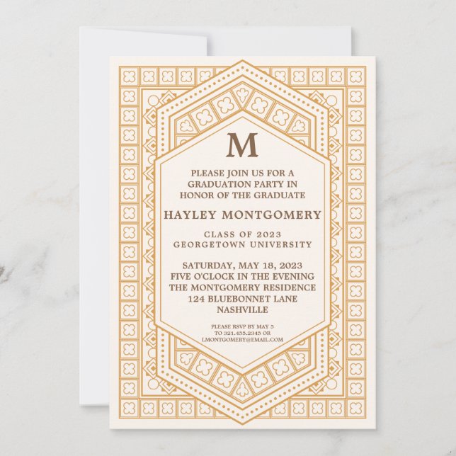 Retro Vintage Caramel Monogram Studenten Inbjudningar (Framsida)