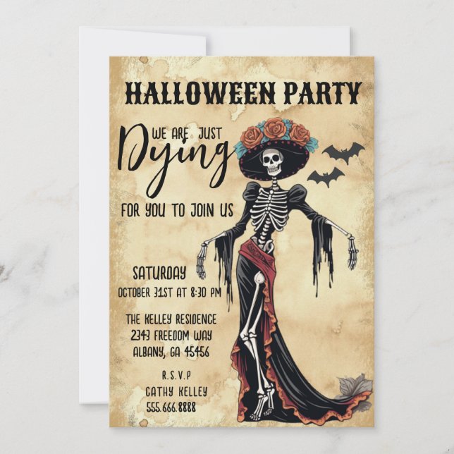 Retro Vintage Catrina Skeleton Halloween fest Inbjudningar (Framsida)