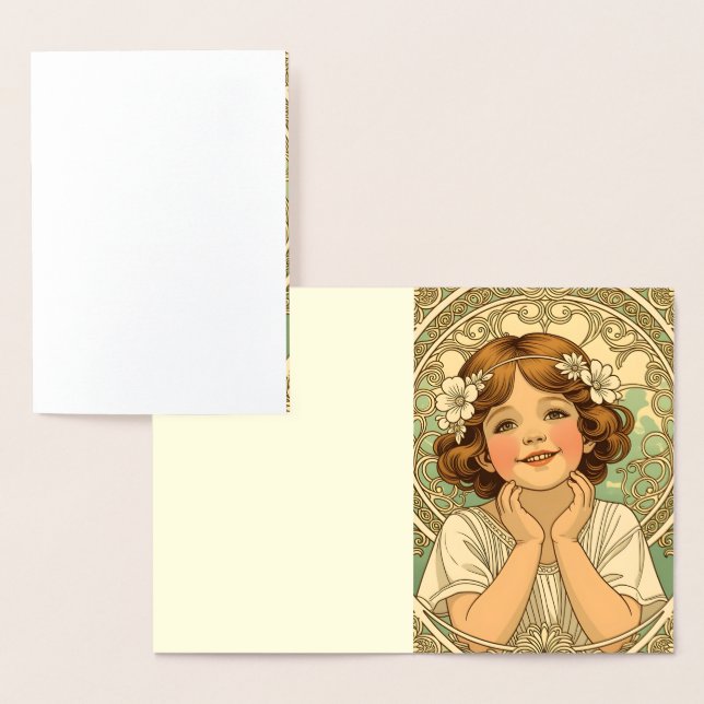retro vintage child with flowers folierat kort (Display)