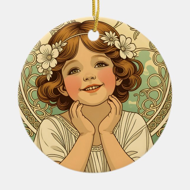 retro vintage child with flowers julgransprydnad keramik (Framsidan)