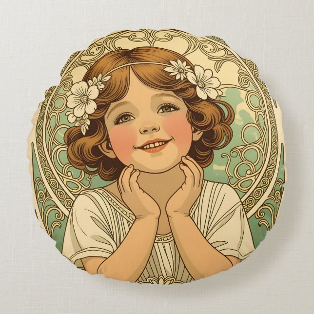 retro vintage child with flowers rund kudde (Framsidan)