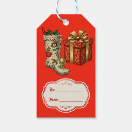 Retro Vintage Christmas Stockings Red Presentetikett