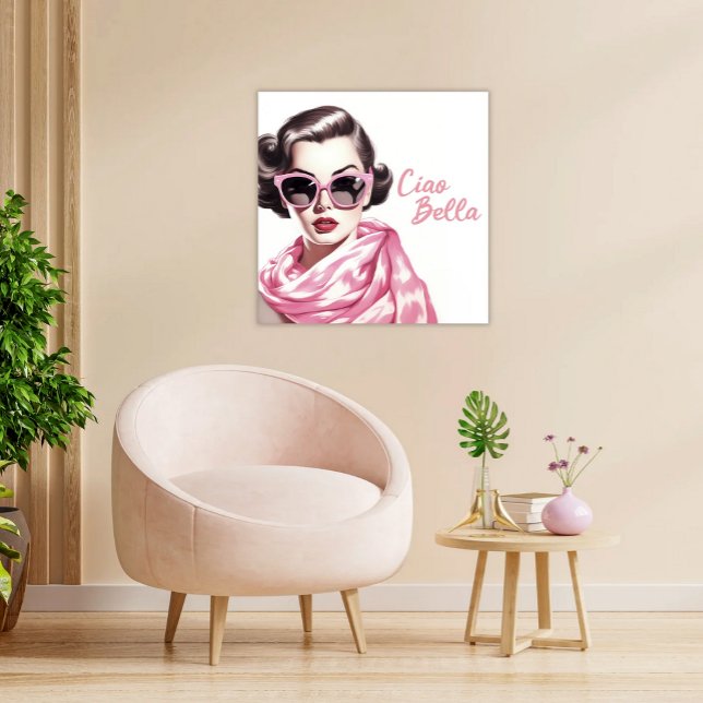 Retro Vintage Ciao Bella La Dolce Vita Canvastryck (Cio Bella Italian Summer Vacation Minimalist on White Pink Sungasses and Scarf)