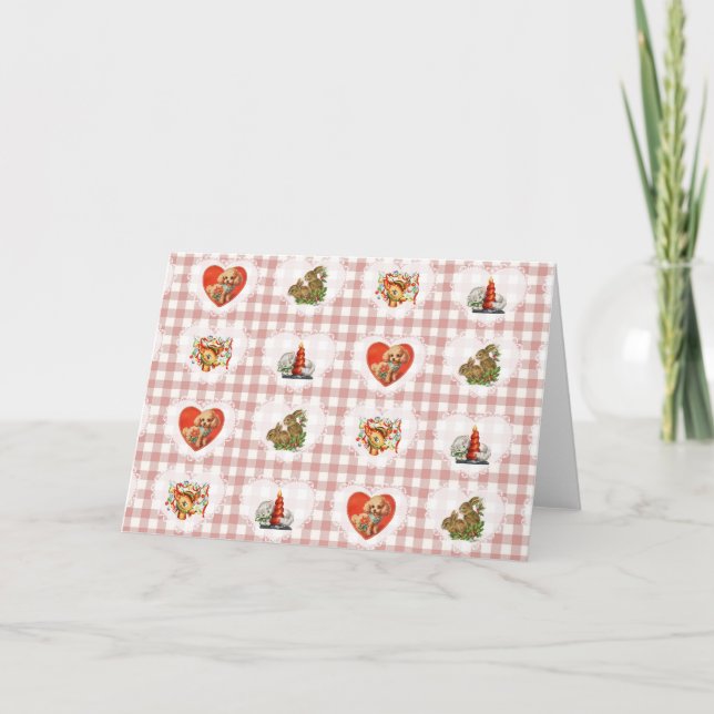 Retro Vintage Coquette Bebis Djur Gingham Kort (Framsida)