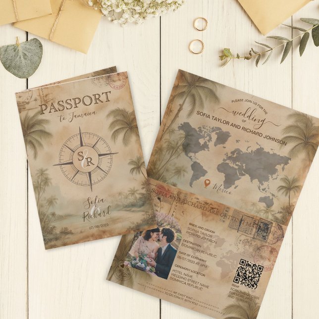 Retro Vintage Destination Bröllop Pass QR-kod Inbjudan (Retro Vintage Destination Wedding Passport QR Code Invitation)