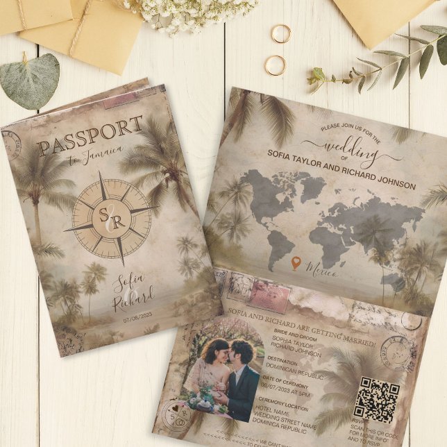 Retro Vintage Destination Bröllop Pass QR-kod Inbjudan (Retro Vintage Destination Wedding Passport QR Code Invitation)