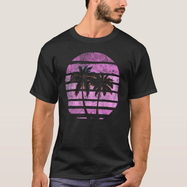 Retro Vintage Distress Sunset Handflatan Träd T Shirt (Framsida)