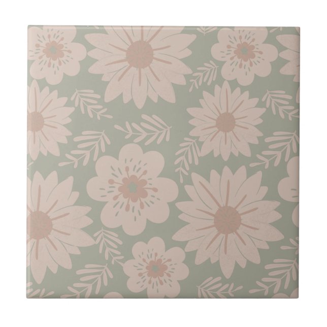 Retro Vintage Dusty Blue Rosa Blommigt Kakelplatta (Framsidan)