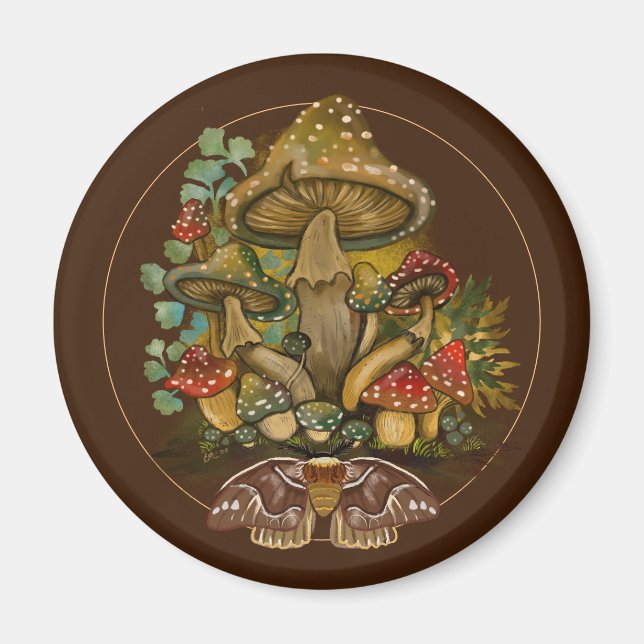 Retro Vintage färg Mushroom & Moth Art Magnet (Framsidan)