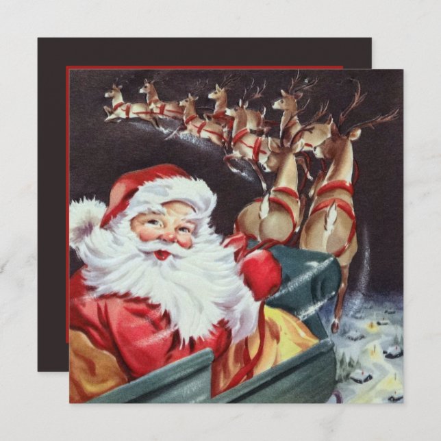 retro vintage flight Santa reindeer Inbjudningar (Fram/baksida)