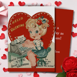 Retro Vintage Girl Typist Anpassningsbar Valentine Julkort
