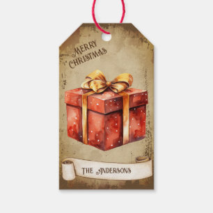 Retro Vintage Golden Bow Red jul Gift Box Presentetikett