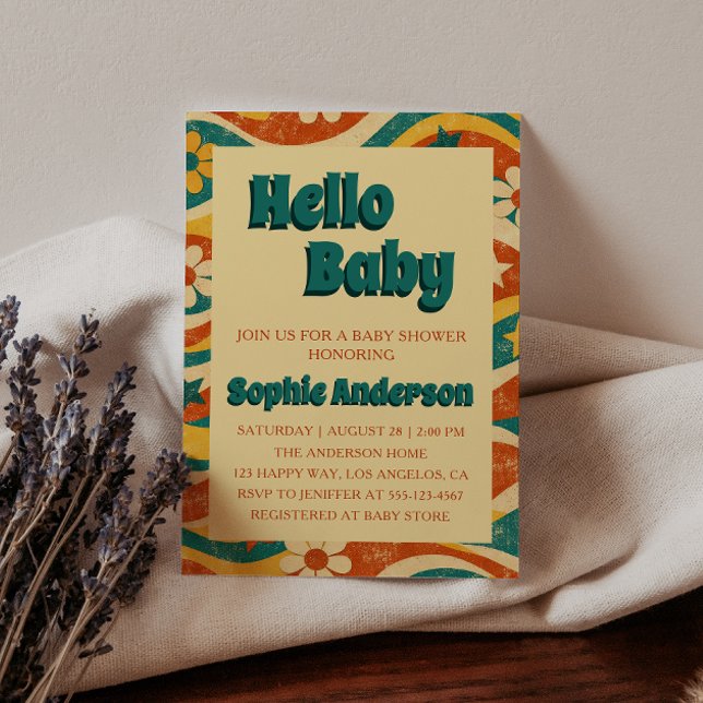 Retro Vintage Groovy Blommig Hej Bebis-babyshower Inbjudningar (Skapare uppladdad)