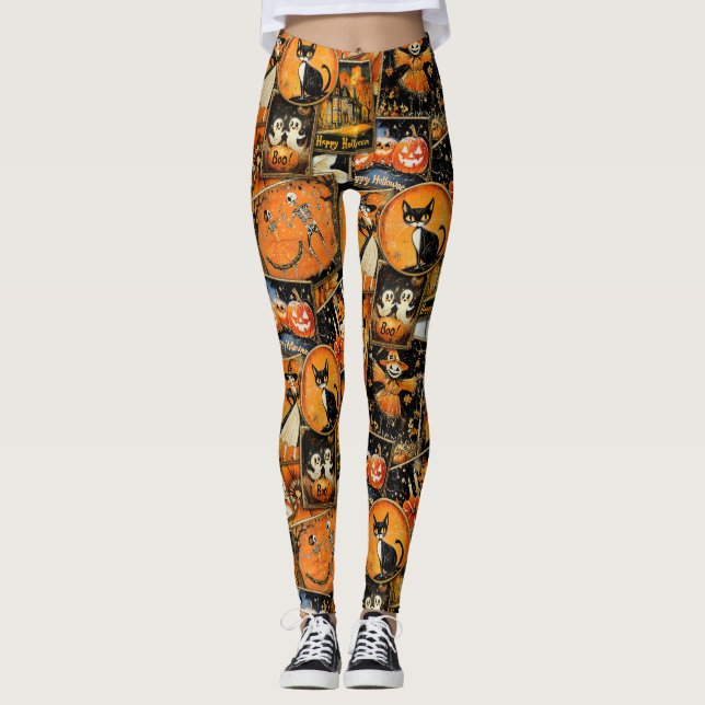 Retro Vintage Halloween Roligt Collage Leggings (Framsida)