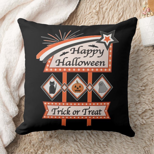 Retro Vintage Halloween-skylt – Bus eller godis Kudde (Filt)