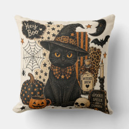 Retro Vintage Halloween Svart Katt Häxa Hatt Skräc Kudde