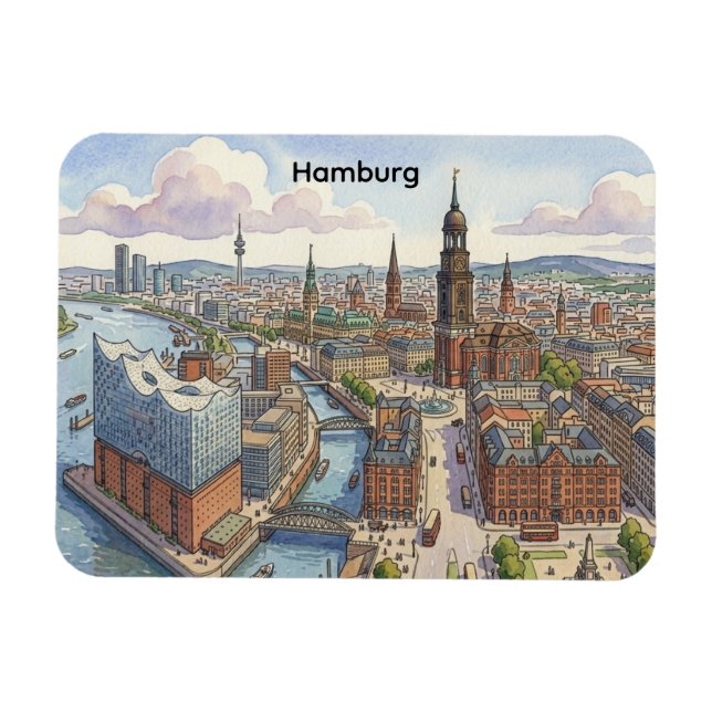 Retro Vintage Hamburg Stad Panorama Utsikt Magnet (Horisontell)
