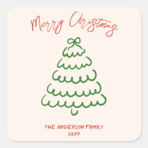 Retro Vintage Hand plockade Bow Träd Unik jul Fyrkantigt Klistermärke