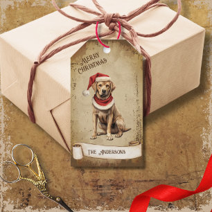 Retro Vintage Hund med Red Jul Hat Presentetikett