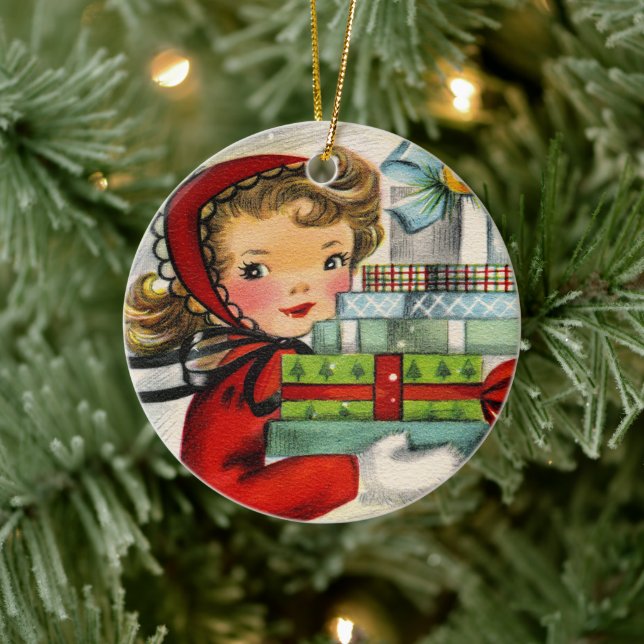 Retro vintage-jakt-flicka prydnadsflicka julgransprydnad keramik (Träd)