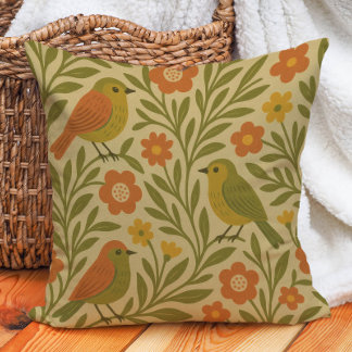 Retro Vintage Jordton Olive Orange Guld Fåglar Kudde