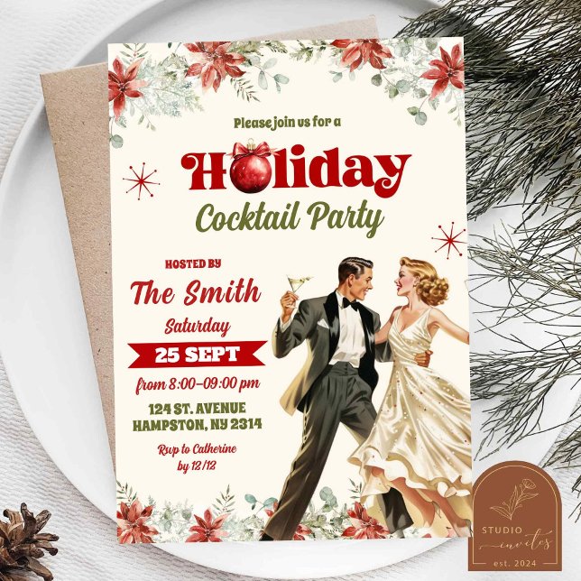 Retro Vintage Jul Cocktail Högtidlig Julfest Inbjudningar (Skapare uppladdad)