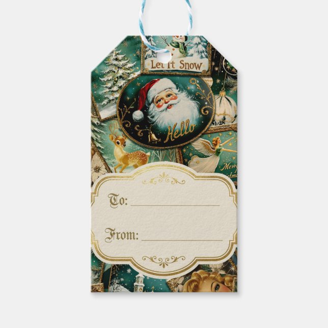 Retro Vintage Jul: Grön Collage Presentetikett (Framsidan)