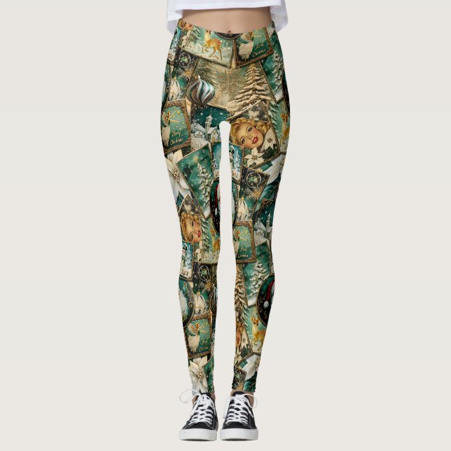 Retro Vintage Jul: Grön Kollage Leggings (Framsida)