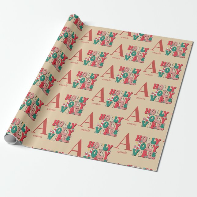 Retro Vintage jul Holly Jolly Vibes Monogram Presentpapper (Utrullad)