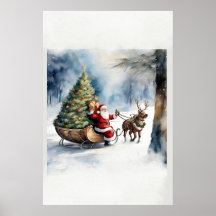 Retro Vintage jul, Poster Träd Santa Sleigh