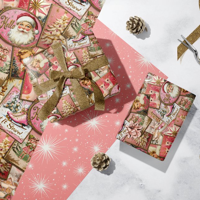 Retro Vintage jul: Rosa Collage Presentpapper (Skapare uppladdad)