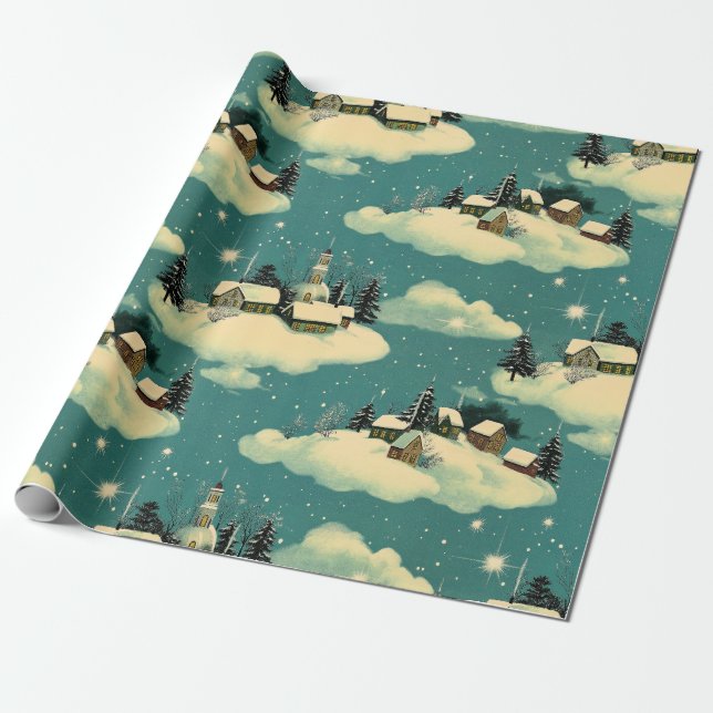 Retro Vintage-jul: Whimsical Winter Scene Presentpapper (Utrullad)