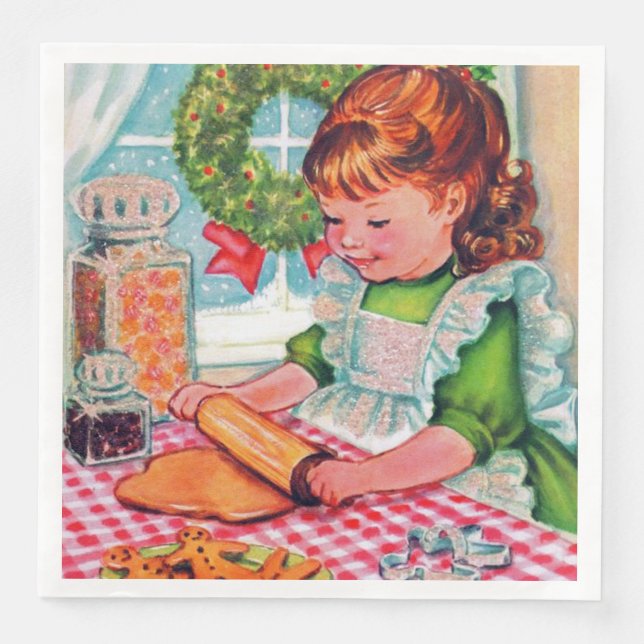 Retro vintage-julflicka som bakar party pappersservett (Framsida)