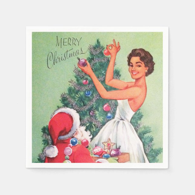 Retro Vintage-julkvinnan Santa party napkins Pappersservett (Framsidan)