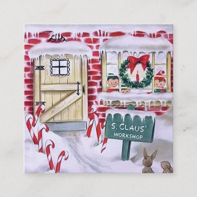 Retro vintage jultomtsverkstad fyrkantigt visitkort (Framsida)