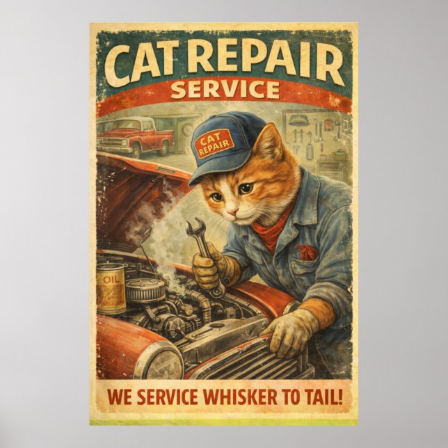 Retro Vintage Kattmekaniker Affisch Väggkonst (Framsidan)