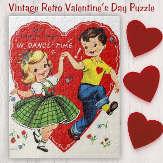 Retro Vintage Kids Dancing Valentine Day Pussel