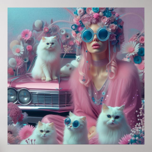 Retro vintage kvinna med vita katter poster (Framsidan)