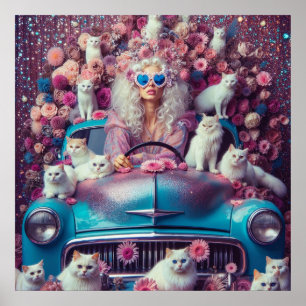 Retro vintage kvinna med vita katter poster