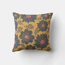 Retro Vintage Mustard Black Red Blommigt