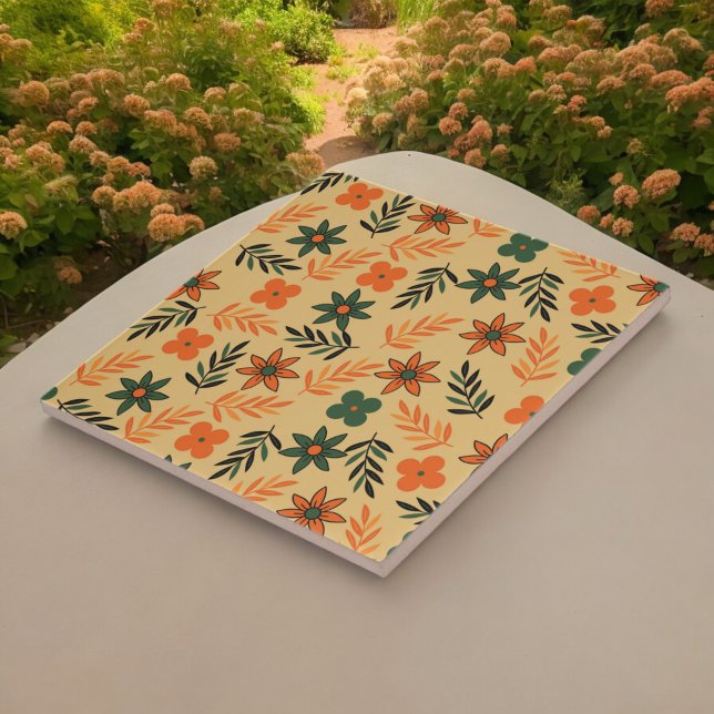 Retro Vintage Orange 70s Flower Mönster Kakelplatta (Skapare uppladdad)