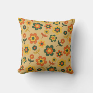 Retro Vintage Orange 70s Flower Mönster Kudde