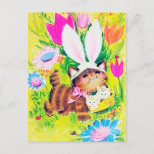 Retro vintage Påsk-vykort för Helgdag av katt Helg Vykort