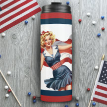 Retro Vintage Patriotic Girl med amerikansk Flagga